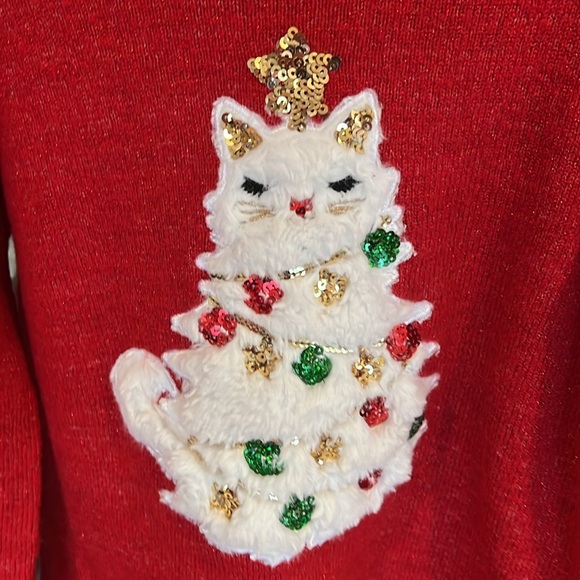 Girls size 5/6 red sparkly sweater with a Christmas tree shaped cat - Picture 2 of 3